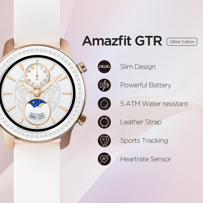 Smart watch Amazfit GTR 42mm Glitter Edition Swarovski, 5ATM, 12 days of battery life, Aluminum housing