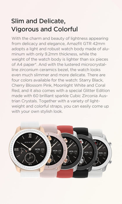 Smart watch Amazfit GTR 42mm Glitter Edition Swarovski, 5ATM, 12 days of battery life, Aluminum housing