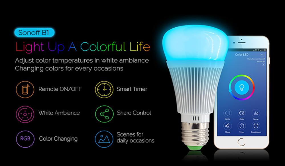 Smart WiFi LED bulb Sonoff B1 E27, RGB colors, control over light