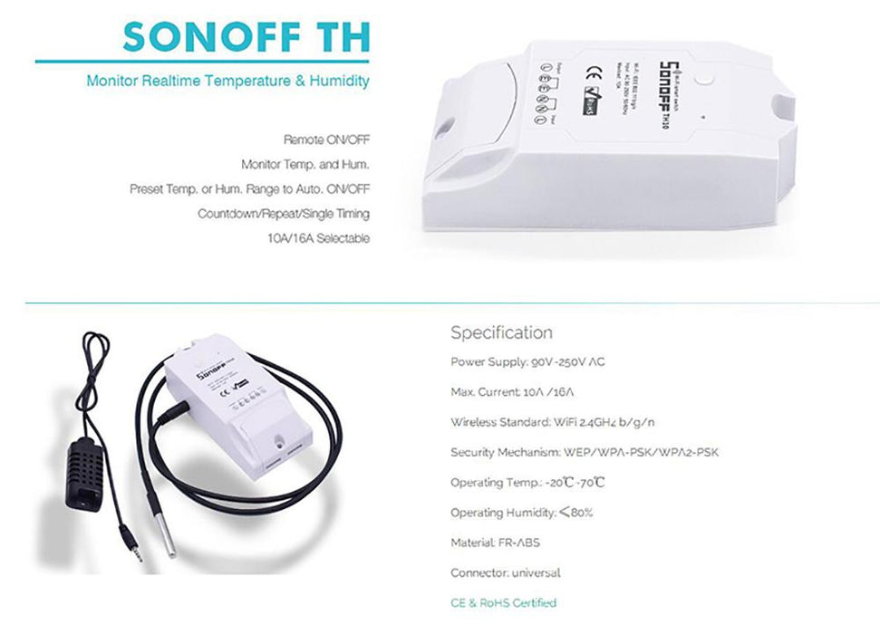 Smart Wi-Fi switch Sonoff TH16, 16A 2200W, with a sensor for temperature and humidity