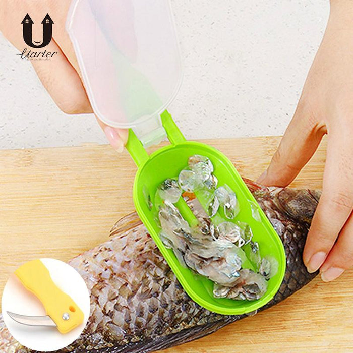 Utensil with a knife for cleaning scales and entrails of fish