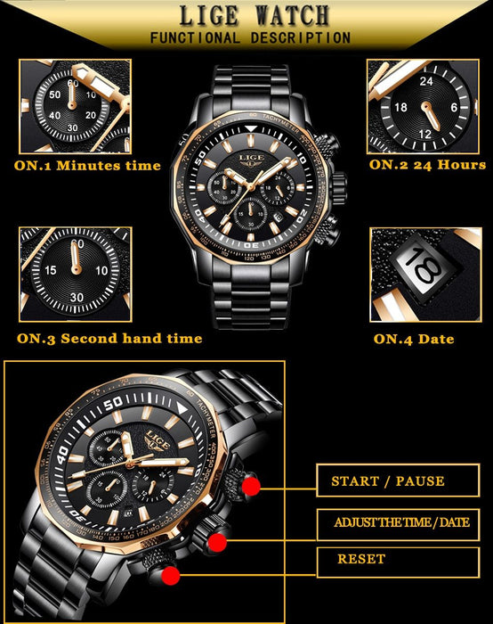 Waterproof male quartz watch LIGE 9871