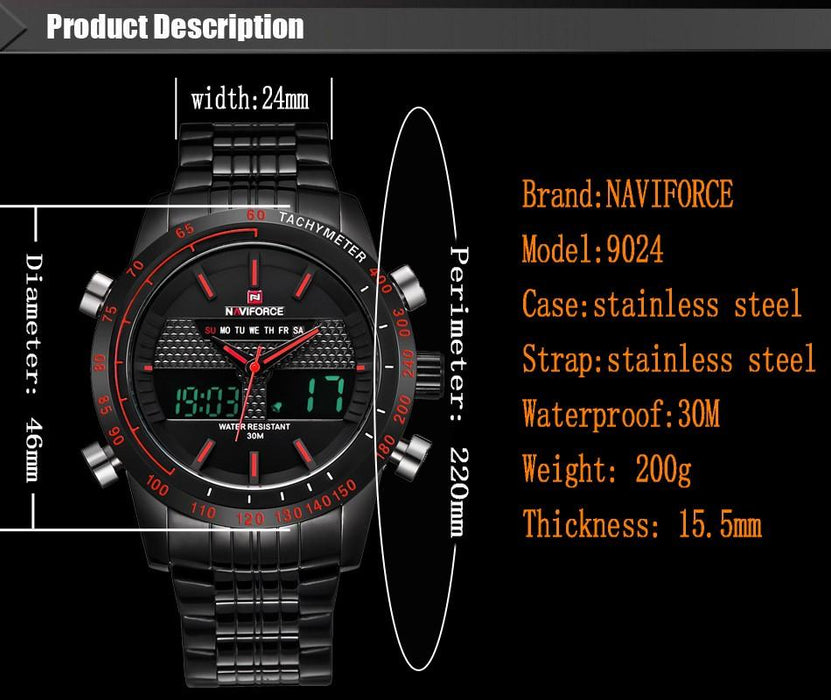 Waterproof male quartz watch with dual display NAVIFORCE 9024