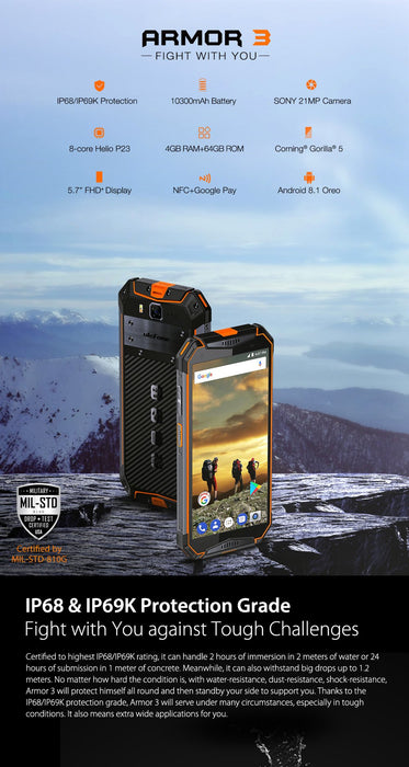 Smartphone Ulefone Armor 3, IP68 Waterproof, Android8.1, 4GB + 64GB, 21MP, 10300mAh