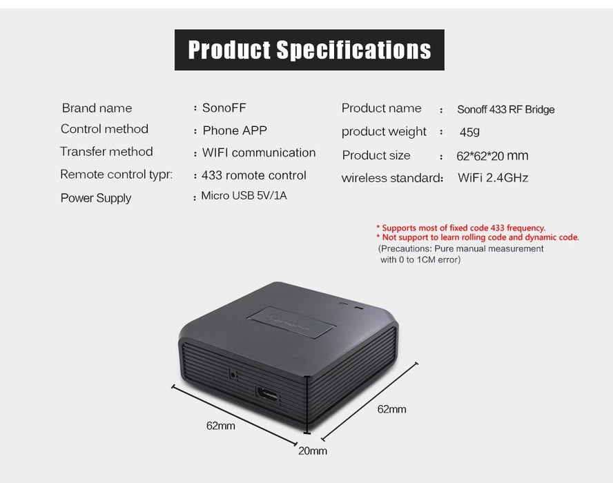 Smart RF Transmitter Sonoff Bridge of Wifi signal to 433Mhz