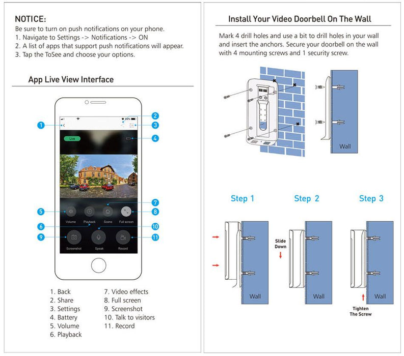 Video intercom bell Homesek 720P intercom connection with a smartphone, night vision, motion detector