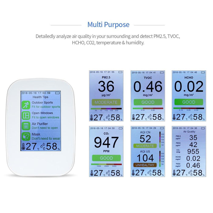 Digital Analyzer air quality laser PM2.5 detector. gas tester, temperature, humidity PM2.5 / HCHO / TVOC tester CO2